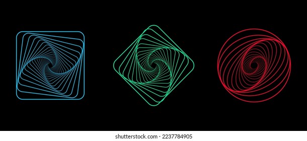 Set of twisted futuristic spirals. Collection of wavy fractals. Abstract wireframe linear tunnels. Technology graphic spiral. Vector illustration for website.