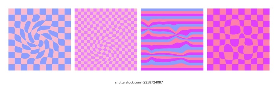 Juego de tablero de ajedrez de gingham retorcido, rayas y olas de fondo en color púrpura. Groovy patrón de ajedrez multicolor hippie. Diseño psicodélico abstracto retro ondulado de los años 60. Ilustración vectorial.