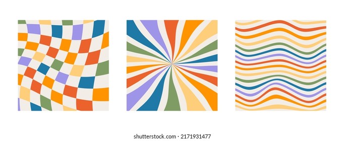 Set of twisted gingham checkerboard, sun rays and waves background in rainbow color. Groovy hippie multicolored chessboard pattern. Retro wavy 60s 70s abstract psychedelic design. Vector illustration.