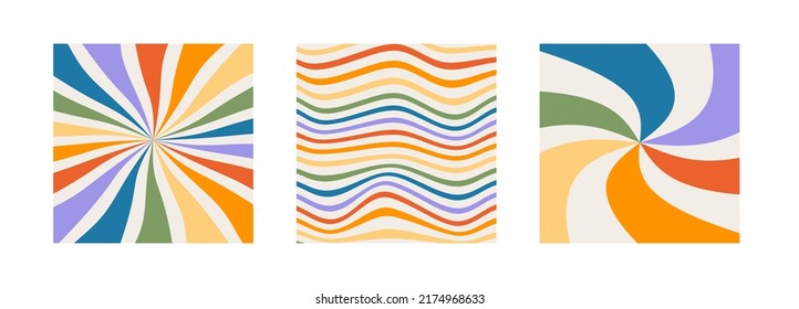 Set of twisted gingham checkerboard, sun ray and wave background in rainbow color. Groovy hippie multicolored pride poster template. Retro wavy 60s 70s abstract psychedelic design. Vector illustration