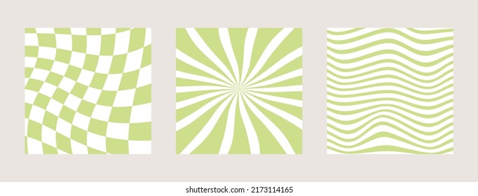 Set of twisted gingham checkerboard, swirl and wave background in lime nouveau green summer color. Groovy hippie chessboard pattern. Retro wavy 60s 70s abstract psychedelic design. Vector illustration