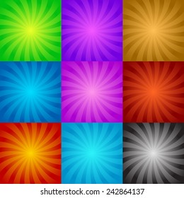 Set of twisted ray backgrounds in 9 colors