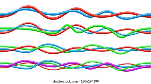 Set of twisted realistic colored electrical wires. Seamless vector texture on white background.