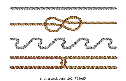 Set of twisted rope illustrations featuring various maritime configurations, including straight cords, figure-eight knots, wavy patterns, and secured bindings in gray and golden brown color