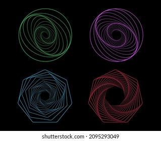 Ensemble de spirales tordues. Géométrie sacrée. Tunnel avec des lignes sous forme de cercle et d'hexagones. Image vectorielle élément fractal géométrique.