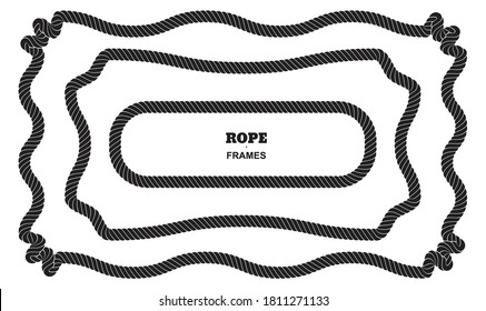 Set of twisted square vector rope borders or cordage frames isolated. Decorative twisted jute frames collection
