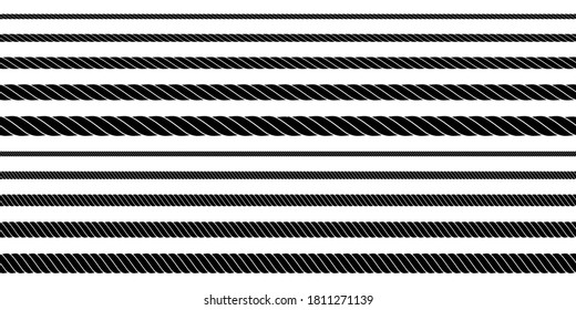 Satz verdrillter Vektor-Seillinien. Schnurrbart streckt sich einzeln. Dekorative, dicke und dünne Akkorde, Kollektion von Symbolen für Wellenjute