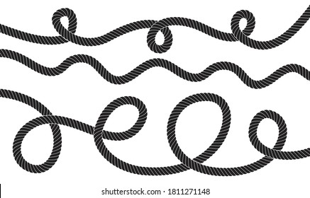 Set of twisted vector rope lines. Cordage icon with loops isolated. Decorative wave jute twine lines collection