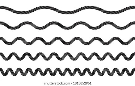 Set Of Twisted Vector Rope Lines. Cordage Waves Isolated. Decorative Wavy Cords, Wave Jute Twine Icon Collection