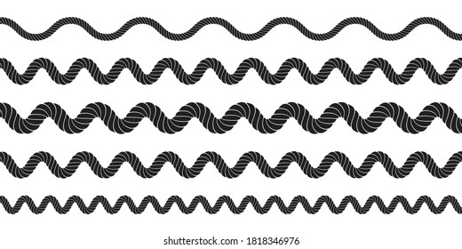 Set Of Twisted Vector Rope Lines. Cordage Waves Isolated. Decorative Wavy Cords, Wave Jute Twine Icon Collection