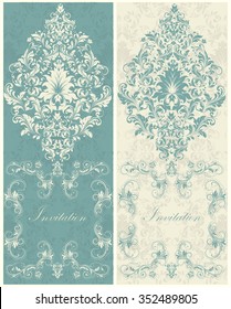 Set of two (2) vintage invitation cards with ornate elegant retro abstract floral design, beige flowers and leaves on dark teal background and teal flowers and leaves. Vector illustration.
