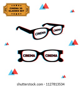 Set of two 3d glasses with chromatic aberration and cinema word on lens, illustration for graphic design. Vector on white background
