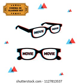Set of two 3d glasses with chromatic aberration and movie word on lens, illustration for graphic design. Vector on white background. Front and right side view