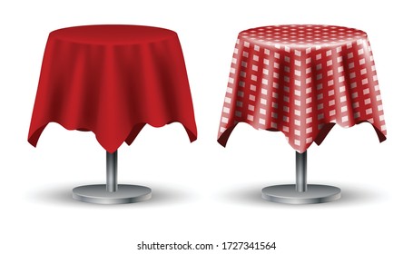 Set of two 3d realistic vector cafe tables with red tablecloth and checkered on top. Isolated on white background.