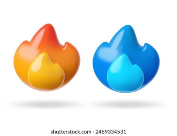 Conjunto de dos iconos de emojis de fuego de Vector 3D, naranja y azul, que simbolizan la energía dinámica, ideal para chats y reacciones digitales en un fondo limpio y aislado.