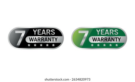 Set of two 7 years warranty labels in black and green with silver stars, used for long-term product assurance	
