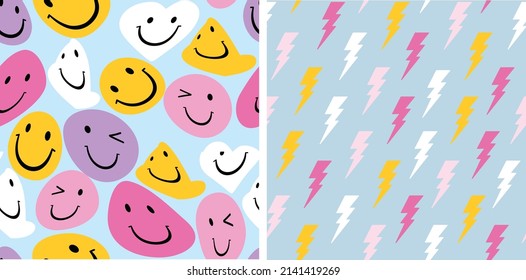 Set of two 90s trendy groovy seamless pattern with colorful smiling faces. Y2k  aesthetic pop art cute funny background print for textile, wallpaper, stationery etc. 