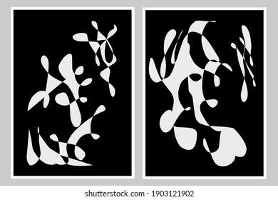 Set two of abstract black and white wall art. Geometric monochrome wall decor. Minimalist home decorations. Vector Ilustration