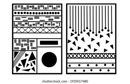 Set two of abstract black and white Minimalist pieces of wall art. Geometric and line art wall decor. Monochrome wall Decorations. Vector Illustration.