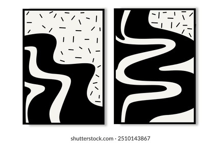 Set of two abstract black and white wall art vector. Monochrome wall print. Minimal abstract organic poster vector paintings. 