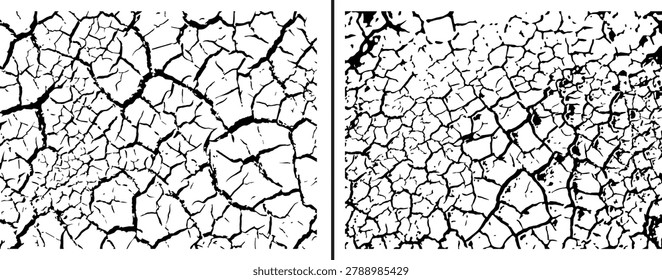 A set of two abstract black and white mud crack texture patterns showcasing distressed cracked earth lines and a weathered clay desert ground effect.