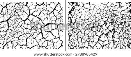 A set of two abstract black and white mud crack texture patterns showcasing distressed cracked earth lines and a weathered clay desert ground effect.
