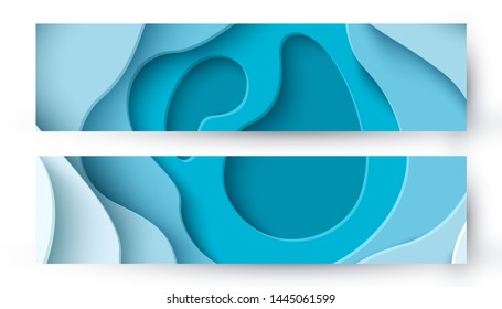 Set of two abstract blue paper cut background with liquid shapes. Modern vector illustration for concept design banner, poster, flyer template. Realistic 3d layered smooth bending objects .