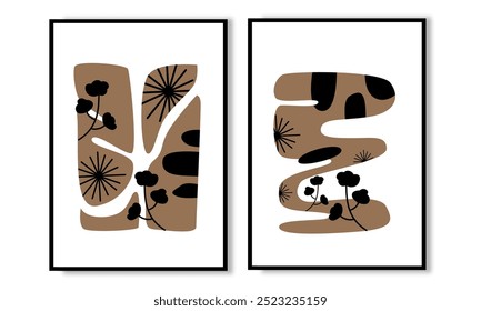 Conjunto de dos arte abstracto de la pared botánica. cartel abstracto de la naturaleza marrón y negro, Fondo de pantalla, diseño de la pared, art deco y decoración del hogar