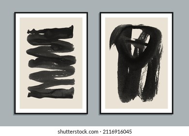 Set of two abstract creative minimalist hand painted illustrations for wall decoration, postcard or brochure design. Vector EPS10.