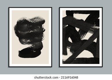 Set of two abstract creative minimalist hand painted illustrations for wall decoration, postcard or brochure design. Vector EPS10.