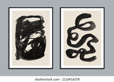 Set of two abstract creative minimalist hand painted illustrations for wall decoration, postcard or brochure design. Vector EPS10.