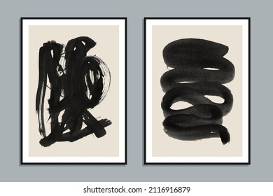 Set of two abstract creative minimalist hand painted illustrations for wall decoration, postcard or brochure design. Vector EPS10.