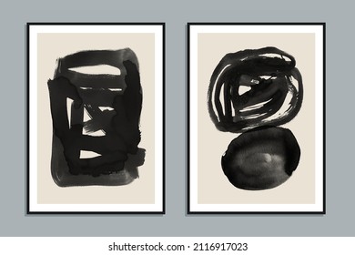 Set of two abstract creative minimalist hand painted illustrations for wall decoration, postcard or brochure design. Vector EPS10.