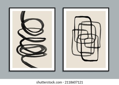 Set of two abstract creative minimalist hand painted illustrations for wall decoration, postcard or brochure design. Vector EPS10.