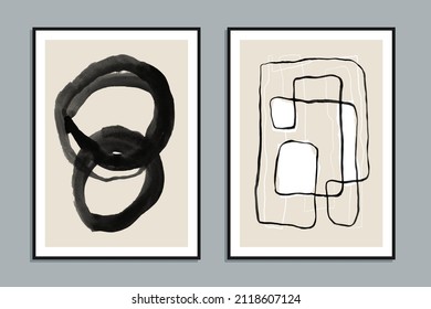 Set Of Two Abstract Creative Minimalist Hand Painted Illustrations For Wall Decoration, Postcard Or Brochure Design. Vector EPS10.