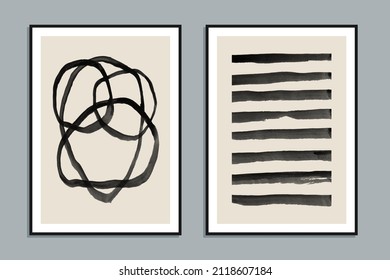 Set of two abstract creative minimalist hand painted illustrations for wall decoration, postcard or brochure design. Vector EPS10.