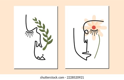 Set of two abstract face art figure wall art. One line drawing abstract face modern poster. One line women face aesthetic poster collection.