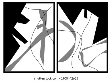 Set two of abstract Geometric black and white line art of wall decor. Minimalist grey, black and white wall art with Scandinavian style. Vector Illustration.