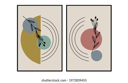 Set two of abstract Geometric and bontanical flowers wall art. Plant and Geometry wall decor. Minimalist Scandinavian wall decorations. Vector Ilustration.