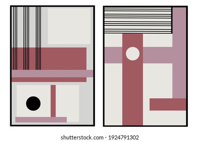 Set two of abstract Geometric mid century modern wall art. Minimalist home decorations with pink, grey, black and white color. Simplicity wall decor. Vector Ilustration can use for wallpaper.