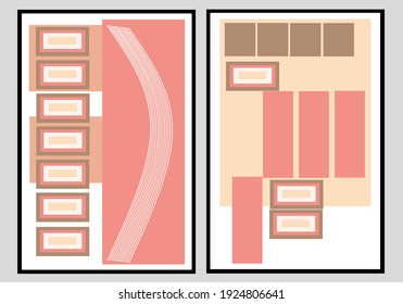 Set two of abstract Geometric mid century modern wall art. Minimalist pastel neutral color design for wall decor. Vector Ilustration of home decorations. Can use for wallpaper, card and social media.