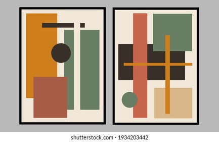 Set two of abstract Geometric mid century modern wall art. Geometry wall decor with Minimalist design concept. Brown color of wall Decorations for Scandinavian home. Vector Ilustration.