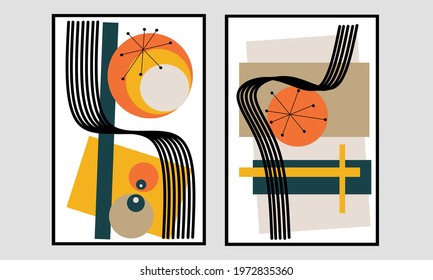 Set two of abstract Geometric mid century modern wall art. Geometry shapes wall decor. Minimalist Scandinavian wall decorations. Vector Ilustration.