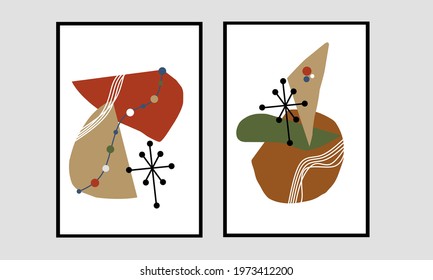Set two of abstract Geometric mid century modern wall art. Geometry wall decor with neutral color. Minimalist wall Decorations for home. Can use for Wallpaper, social media, poster and wallpaper.