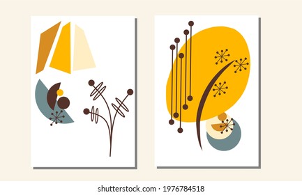 Set two of abstract Geometric mid century modern wall art. Yellow color Geometry wall decor. Minimalist wall Decorations Scandinavian style vector Ilustration.