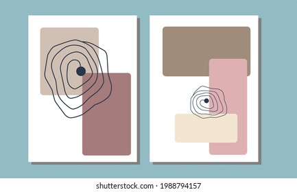 Set two of abstract Geometric mid century modern wall art. Geometry wall decor. Minimalist pastel wall Decorations. Poster, social media, invitation, greetings cards, wallpaper.
