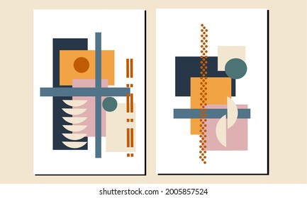 Set two of abstract Geometric mid century modern wall art. Geometry shapes wall decor. Minimalist Scandinavian wall decorations. Greetings cards invitation background Wallpaper poster social media.