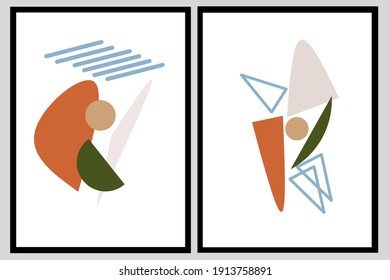 Set two of abstract Geometric patterns wall decor. Mid century modern wall art with orange, green, blue and cream color. Minimalist wall decorations for minimal home. Aestentic wall Decorations.
