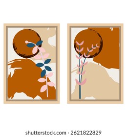 set of two abstract hand drawn illustrations with floral elements. Scandinavian style. Modern art.