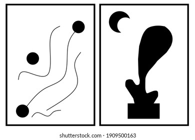 Set of two abstract line art and Geometric wall art. Minimalist design with black and white color of wall decor. Vector Ilustration.